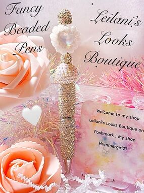 Fancy beaded pen/gifts/white heart roses/white beads/silver beads/